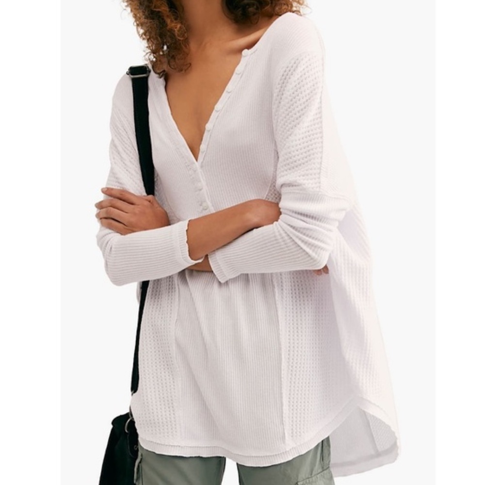 Free People White Leo Henley Top Size XS